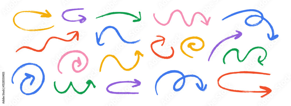 Poster hand drawn crayon wavy arrow collection. colored curved, wiggle and squiggle doodled arrows set. cha
