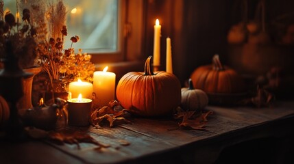 Obraz premium Autumnal still life with pumpkins, candles, and dried flowers on rustic wooden surface near window