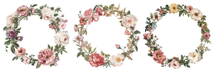 PNG Vintage floral wreaths design, element set on transparent background