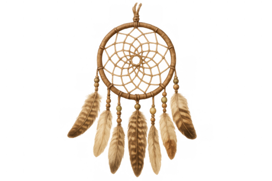 Native american dream catcher featuring intricate feathers and beads, beautifully hanging against a transparent background, symbolizing protection and spirituality