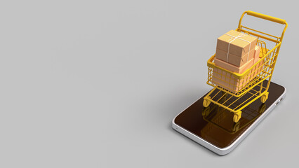The Shopping cart on mobile for online concept 3d Rendering.