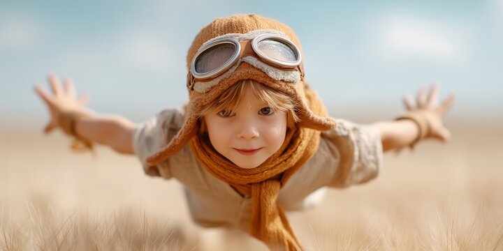 A joyful child in a pilot outfit pretending to fly, surrounded by golden fields under a bright blue sky.