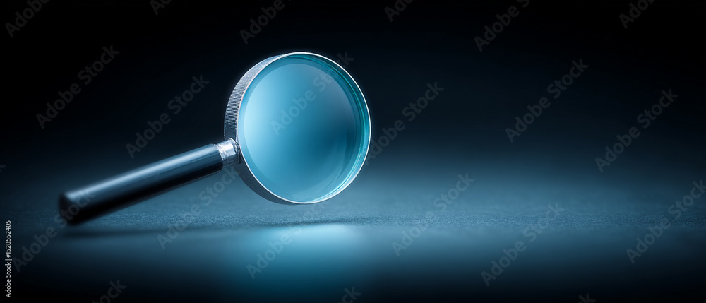 Poster magnifying glass with black handle rests dark surface, casting shadow. lens is illuminated, creating