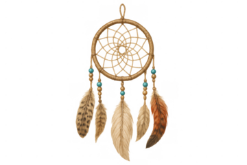 Native american dreamcatcher with feathers and turquoise beads hanging on transparent background