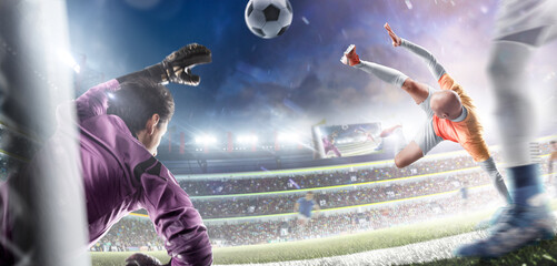 Soccer action game. Football magic. Soccer freestyle. Goalkeeper in action. Soccer players playing...