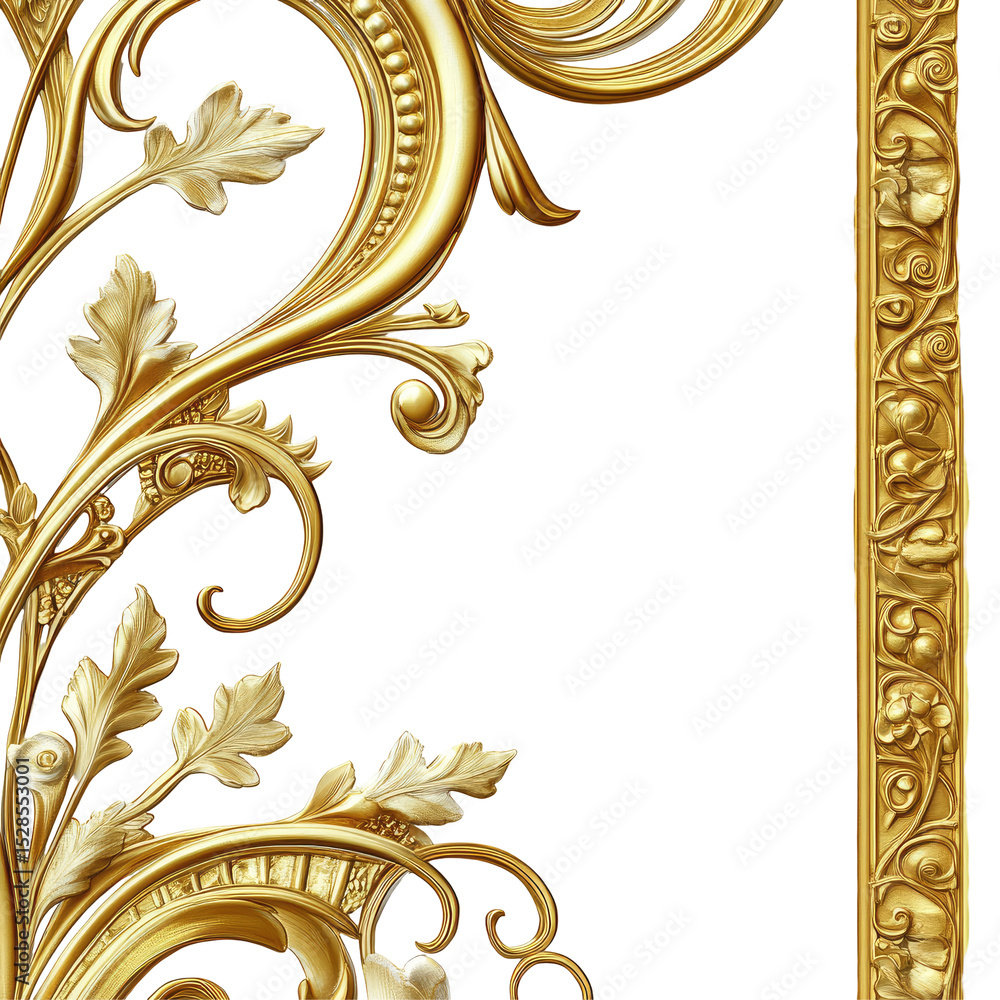 Poster golden baroque design elements with floral and scroll patterns on transparent background