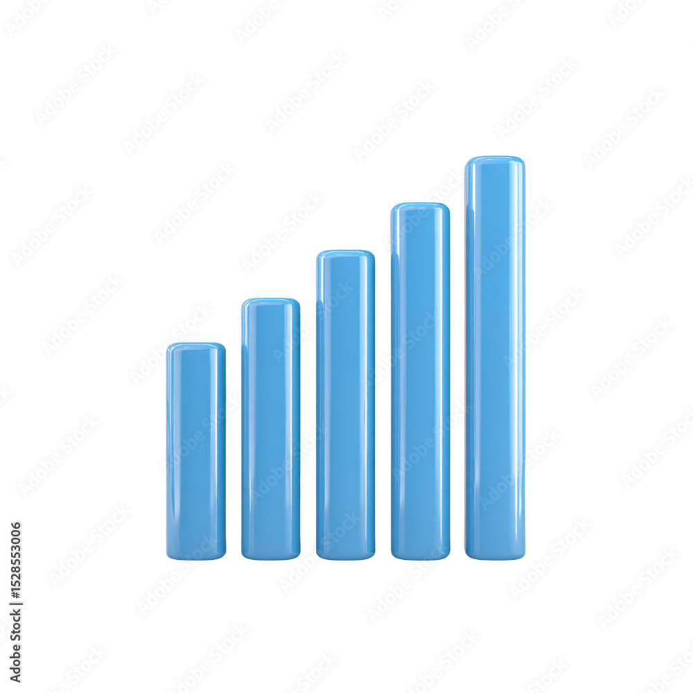Poster 3d blue bar graph with five vertical bars of varying heights represents data visualization and growt