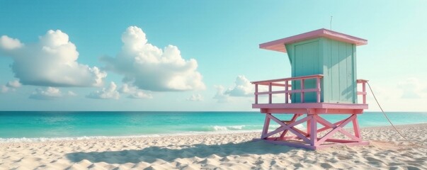 Pastel-colored lifeguard tower on sandy beach, color, view, peaceful
