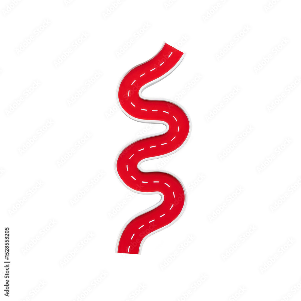 Poster red, winding road illustration with white dashed lines on transparency background, resembling curvy 