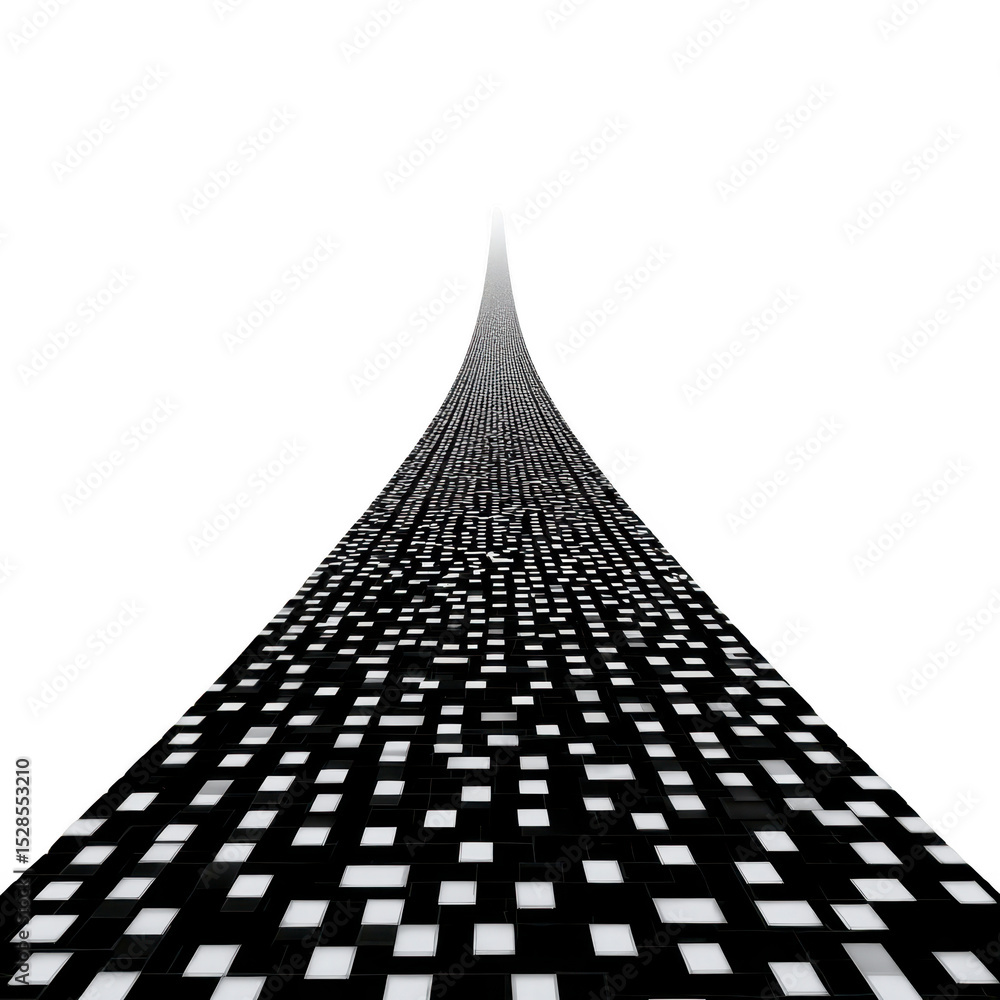 Poster futuristic digital pathway extends into distance, composed of glowing squares on transparency backgr