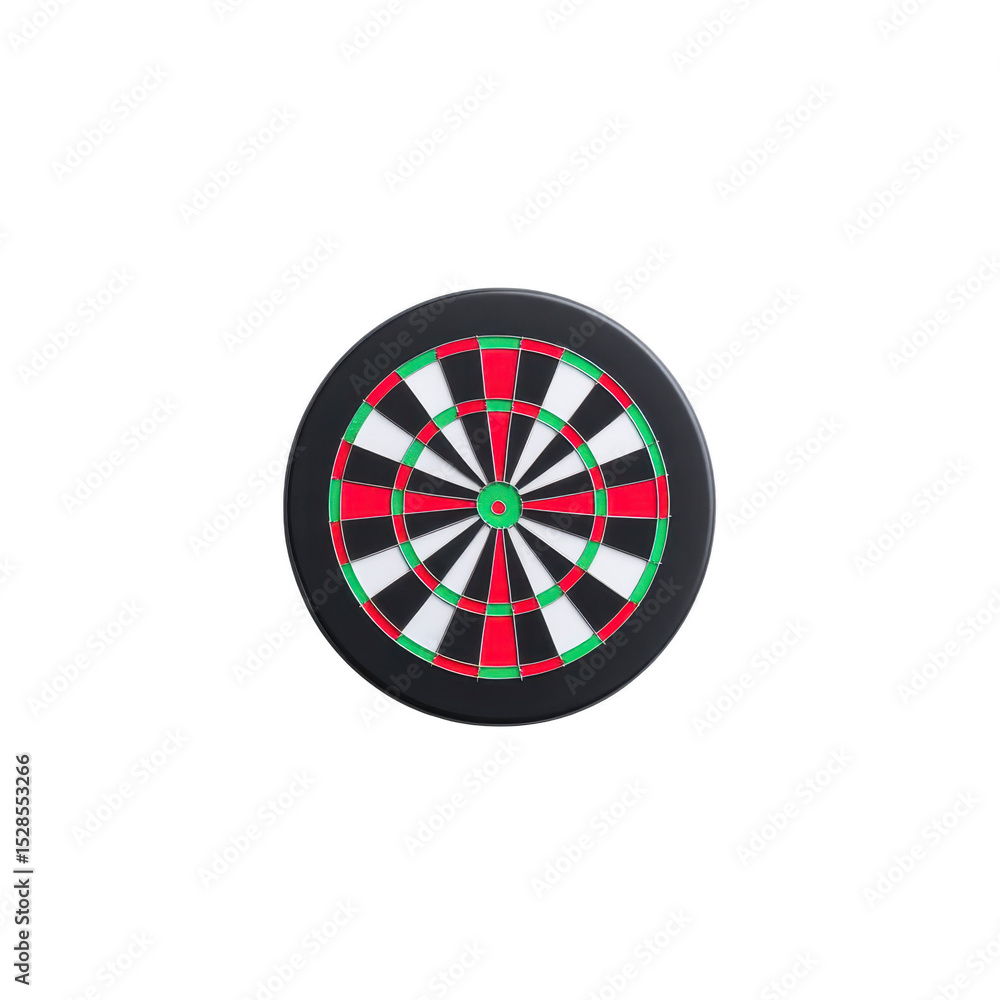 Poster dartboard with classic design featuring alternating red, black, and white sections, and green bullse