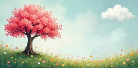 Whimsical hand-painted tree & cloud wallpaper Soft, muted tones , botanical, sky