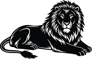 Resting Lion Vector Illustration, Majestic Black Silhouette of Male Lion Lying Down