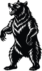 Roaring Grizzly Bear Standing on Hind Legs, Vector Black and White Illustration