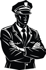 Police Officer Vector Illustration, Black and White Law Enforcement Graphic with Crossed Arms