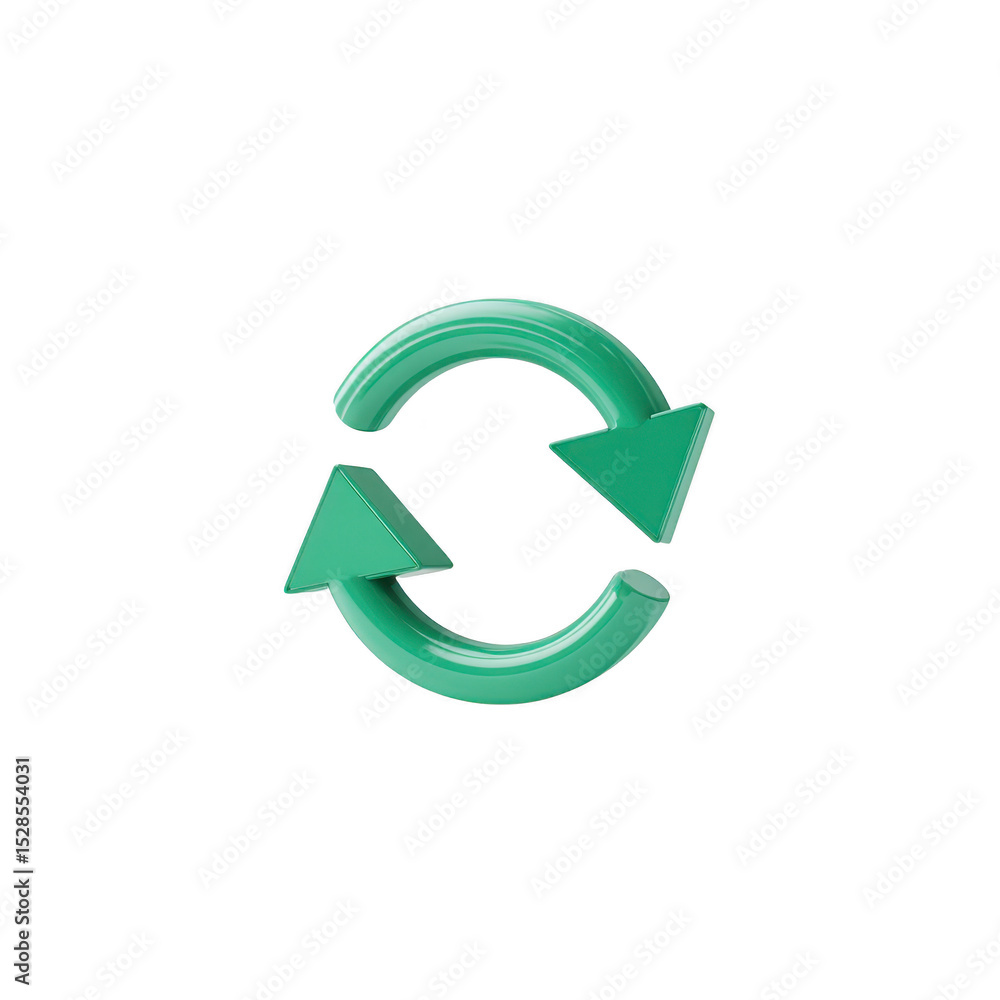Poster green 3d refresh icon with two arrows forming circle, symbolizing recycling or updating. arrows are 
