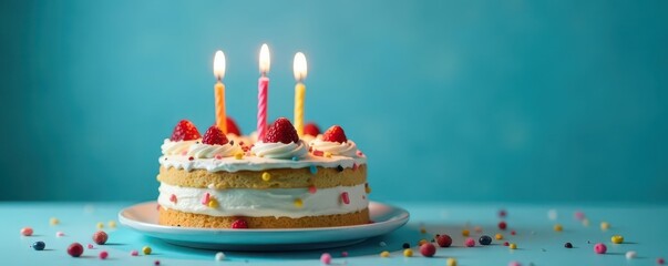 A tempting birthday cake with glowing candles against a serene blue background, dessert, glow, birthday
