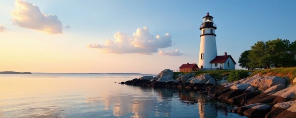 Historic lighthouse stands serene, Duluth harbor's still waters reflect summer sky , photography, tower, rock