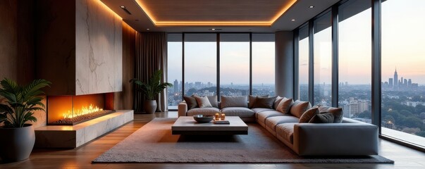 Opulent penthouse living area, statement fireplace, panoramic windows , statement piece, interior, high ceiling