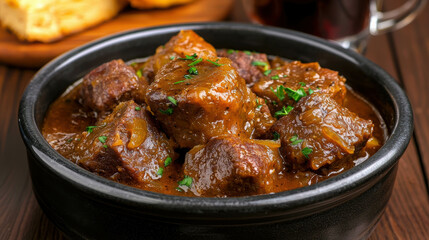 Delicious savory beef stew in a black bowl with herbs and spices, served with bread and warm drink on a wooden table, perfect for comfort meal image