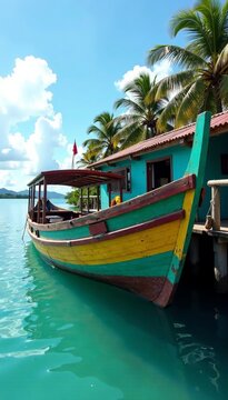 Traditional panga boat docked at a houseboat mooring on Corn Island, Nicaragua, tropical island, houseboat, corn island