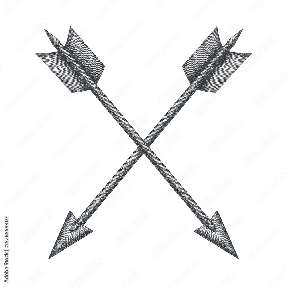 Poster two crossed arrows with detailed feathering and pointed tips create symmetrical design, symbolizing 