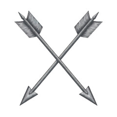 Two crossed arrows with detailed feathering and pointed tips create symmetrical design, symbolizing direction and unity. metallic texture adds modern touch to this classic emblem