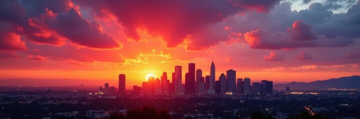 Dramatic LA skyline at sunset, skyscrapers silhouetted against fiery sky , downtown, orange