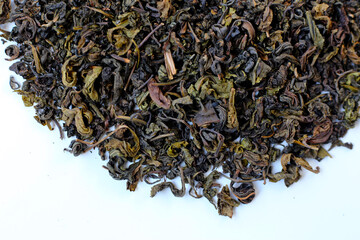 Close-up of dried oolong tea leaves