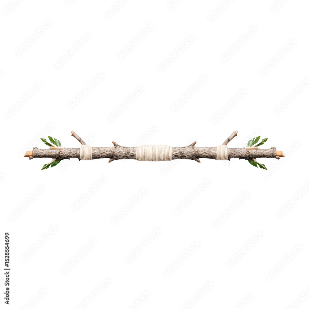 Poster decorative wooden stick with small branches and green leaves is wrapped with twine, creating rustic 