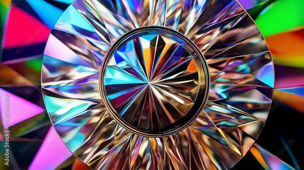 Poster close-up of a kaleidoscopic circular design featuring vibrant spectrum of colors in a mesmerizing op