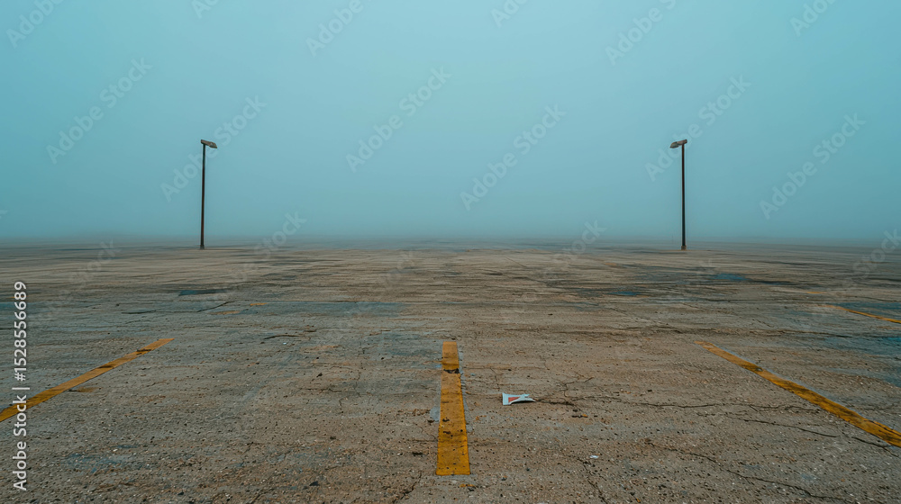 Poster foggy empty parking lot with abandoned surface and minimal light poles in a mysterious atmosphere de