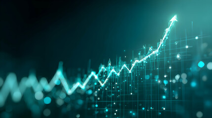 Glowing Upward Trend Line Graph Depicting Financial Growth On Dark Teal Background With Bokeh Effects