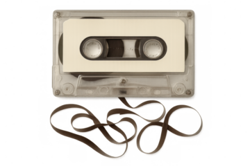 Vintage audio cassette with unraveled magnetic tape, symbolizing musical memories against pristine transparent backdrop