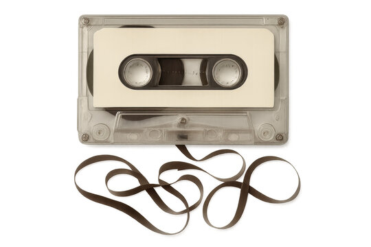 Vintage audio cassette with unraveled magnetic tape, symbolizing musical memories against pristine transparent backdrop - Powered by Adobe