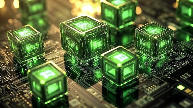 futuristic conceptual design showing abstract data processing and networking with glowing green cubes, illustrating advanced computing and data connectivity