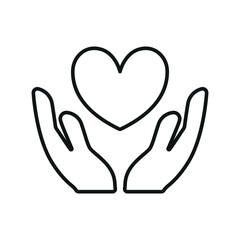 Thin outline icon of open palms cradling a heart, ideal for donation and care campaigns.