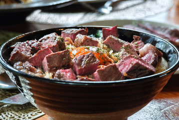 Grilled Beef Fried Rice with Garlic, Topped with Pickled Egg