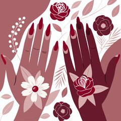 An elegant illustration showcases two hands with long, dark red manicured nails, each adorned with a stylized flower on the palm—one a white daisy-like bloom, the other a deep red rose. They are surro