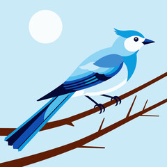 Blue Jay on Branch Illustration- Modern Bird Art with Moon- Minimalist Nature Design- Perfect for Wall Art or Home Decor- Avian Illustration for Bird Lovers