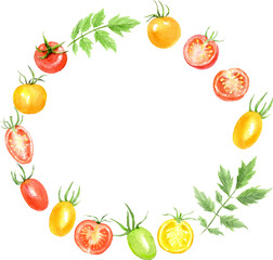 水彩で描いたトマトの円フレーム