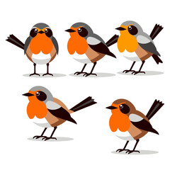 Fototapeta premium Cartoon Robin Birds Illustration-Cute European Robin Characters-Different Poses & Colors-Vector Graphics-Perfect for Kids Designs-Nature & Wildlife Themes