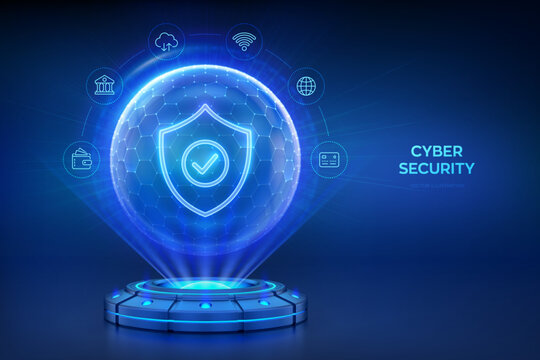 Cyber security. Network safety. Holographic platform with glowing rays forming a projection of a Protection shield with Check mark icon inside sphere shield with hexagon pattern. Vector illustration.