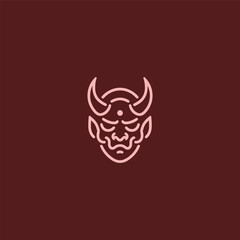 Oni mask logo in bold and intricate line art design.
