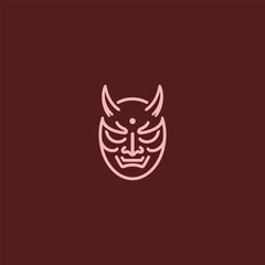 Oni mask logo in bold and intricate line art design.
