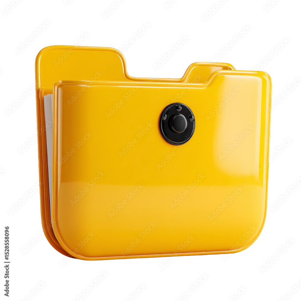 Poster shiny yellow folder icon with camera lens symbol, representing digital security and file protection.