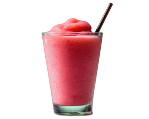 Refreshing slush drink in tall glass, vibrant pink color with smooth texture, condensation on outside, served with straw, perfect for hot days