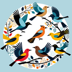 Colorful Bird Illustration-Whimsical Birds on Branches-Modern Bird Art Print-Nature Inspired Decor-Unique Bird Graphic-Perfect Gift for Bird Lovers