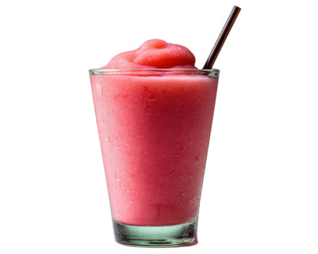 Refreshing slush drink in tall glass, vibrant pink color with smooth texture, condensation on outside, served with straw, perfect for hot days