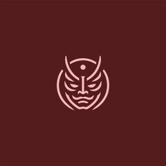 Oni mask logo in bold and intricate line art design.